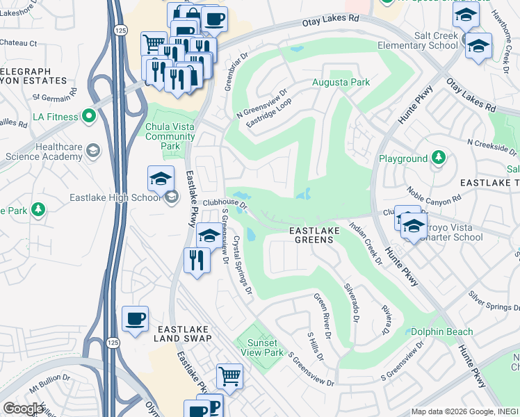 map of restaurants, bars, coffee shops, grocery stores, and more near 2300 Palomira Court in Chula Vista