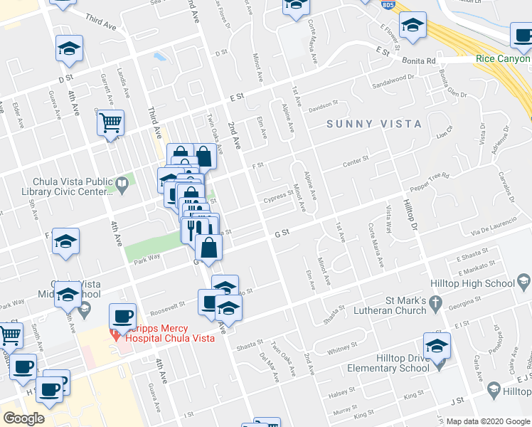 map of restaurants, bars, coffee shops, grocery stores, and more near 366 2nd Avenue in Chula Vista