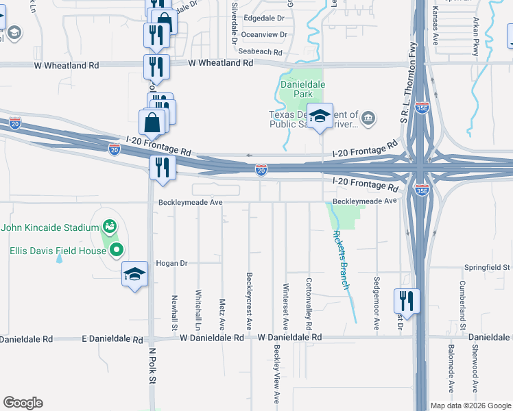 map of restaurants, bars, coffee shops, grocery stores, and more near 8905 Beckleycrest Avenue in Dallas