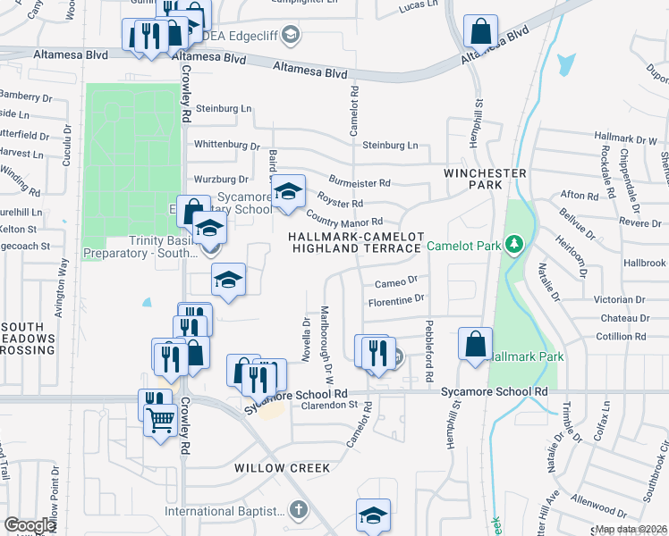 map of restaurants, bars, coffee shops, grocery stores, and more near 7301 Pinehurst Drive West in Fort Worth