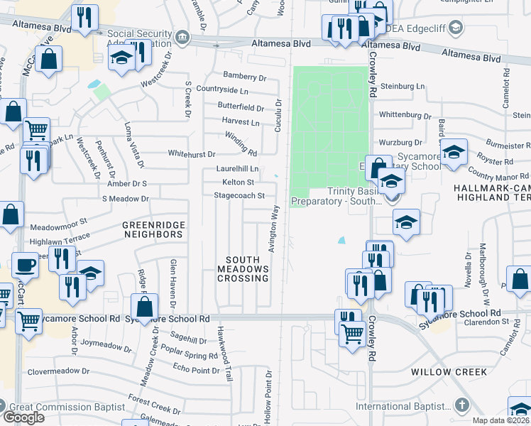 map of restaurants, bars, coffee shops, grocery stores, and more near 2300 Corral Drive in Fort Worth