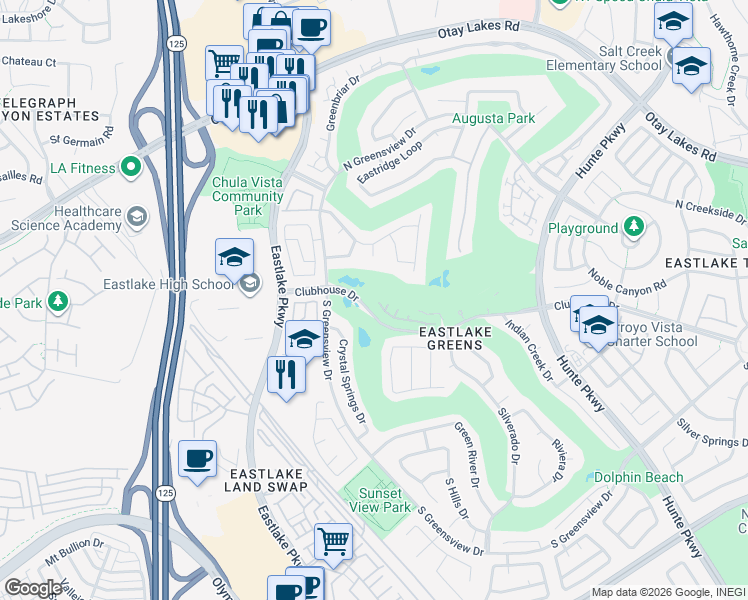 map of restaurants, bars, coffee shops, grocery stores, and more near 2300 Palomira Court in Chula Vista