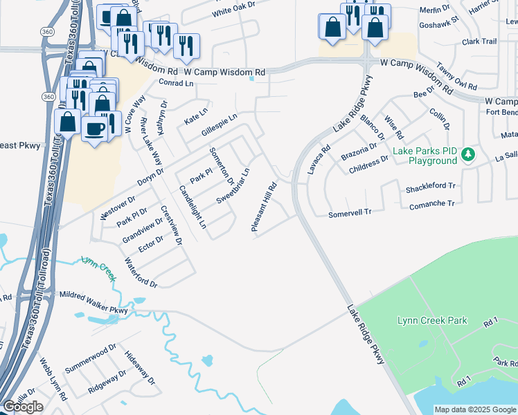 map of restaurants, bars, coffee shops, grocery stores, and more near 2735 Pleasant Hill Road in Grand Prairie
