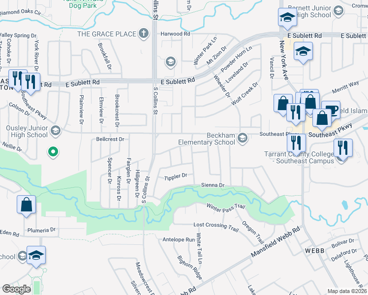 map of restaurants, bars, coffee shops, grocery stores, and more near 6600 Whisper Crest Drive in Arlington