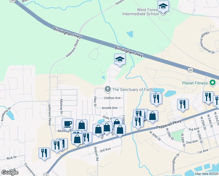 map of restaurants, bars, coffee shops, grocery stores, and more near 3401 Dallas Avenue in Opelika