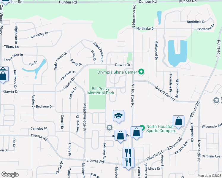 map of restaurants, bars, coffee shops, grocery stores, and more near 101 Porkie Drive in Warner Robins