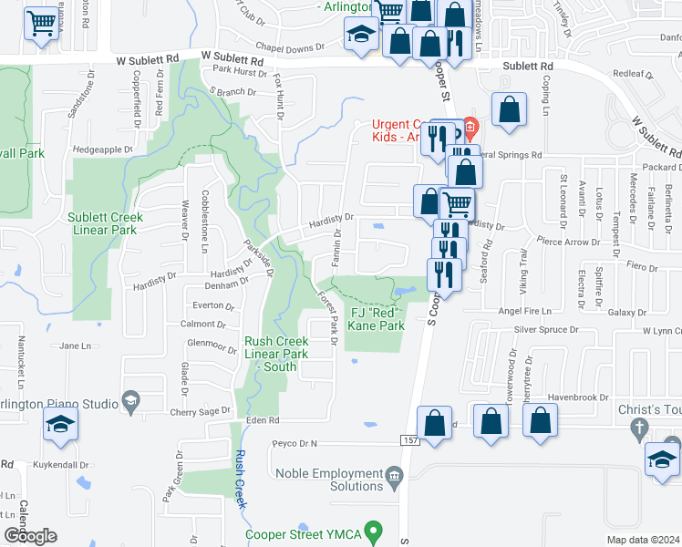 map of restaurants, bars, coffee shops, grocery stores, and more near 6427 Fannin Drive in Arlington