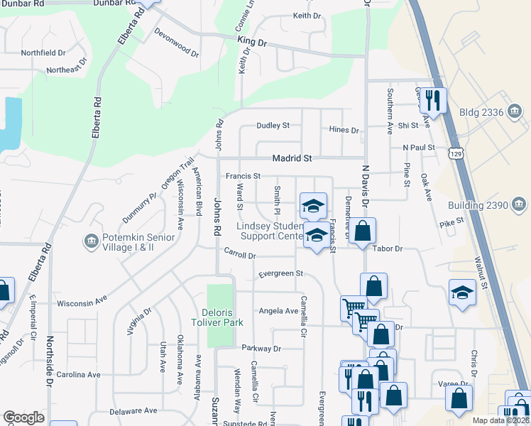 map of restaurants, bars, coffee shops, grocery stores, and more near 208 Crescent Drive in Warner Robins
