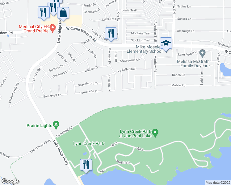 map of restaurants, bars, coffee shops, grocery stores, and more near 2203 Terrell Drive in Grand Prairie