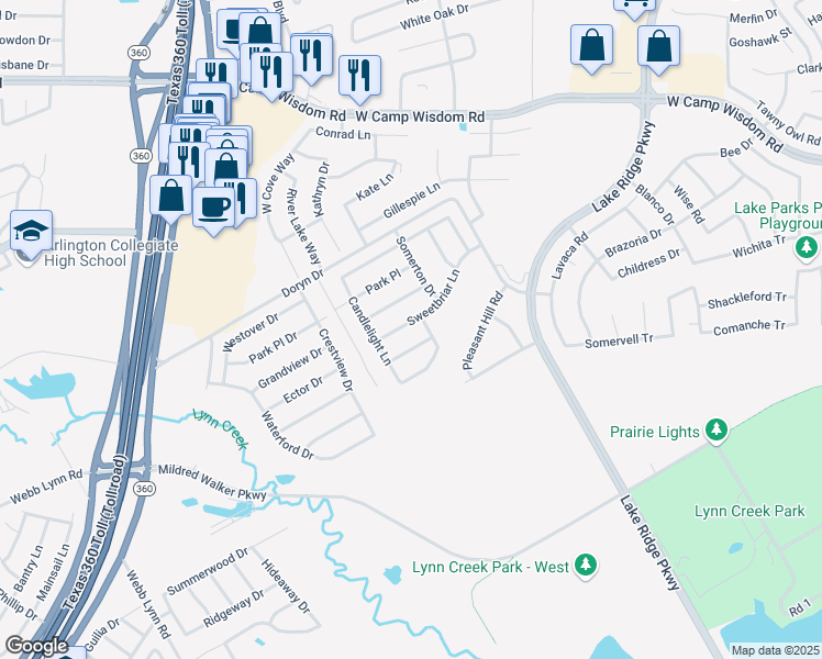 map of restaurants, bars, coffee shops, grocery stores, and more near 2771 Sweetbriar Lane in Grand Prairie