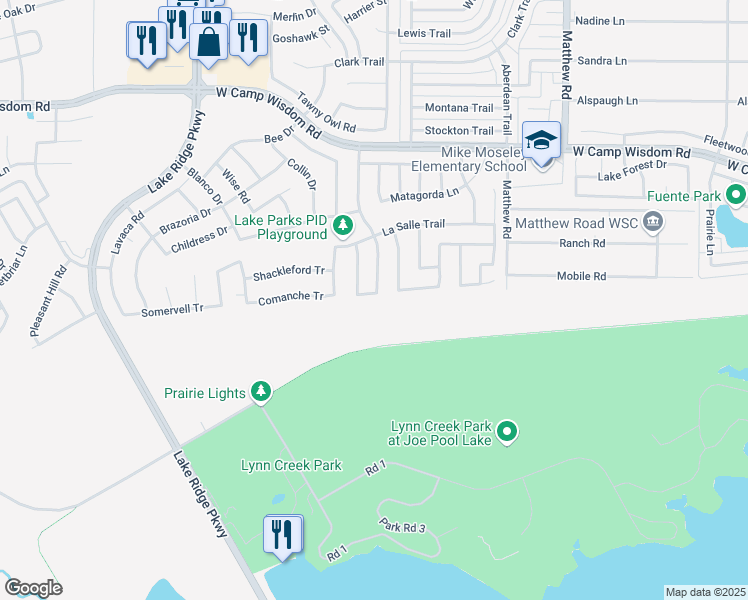 map of restaurants, bars, coffee shops, grocery stores, and more near 2207 Terrell Drive in Grand Prairie