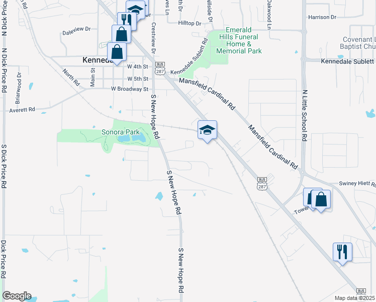 map of restaurants, bars, coffee shops, grocery stores, and more near 120a Pine Meadow Drive in Kennedale