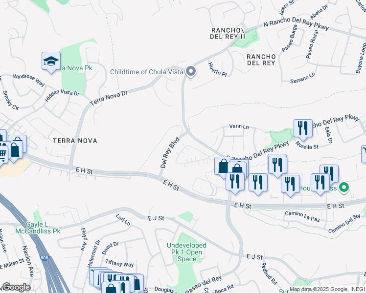 map of restaurants, bars, coffee shops, grocery stores, and more near 811 Caminito Estrella in Chula Vista