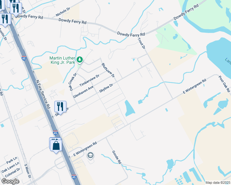 map of restaurants, bars, coffee shops, grocery stores, and more near 1132 Skyline Drive in Hutchins