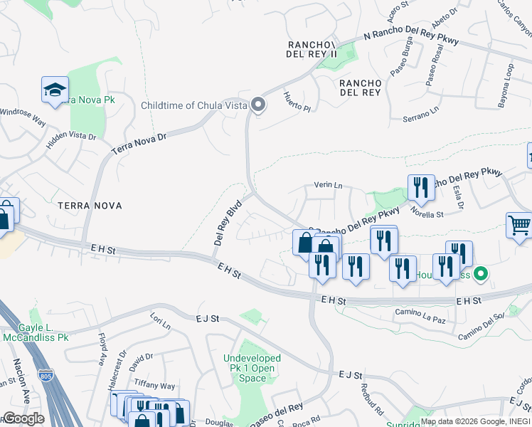 map of restaurants, bars, coffee shops, grocery stores, and more near 723 Caminito Estrella in Chula Vista