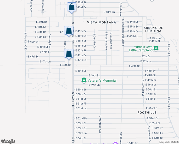 map of restaurants, bars, coffee shops, grocery stores, and more near 13248 East 49th Street in Yuma