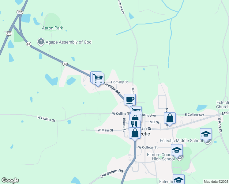 map of restaurants, bars, coffee shops, grocery stores, and more near 365 Kowaliga Road in Eclectic