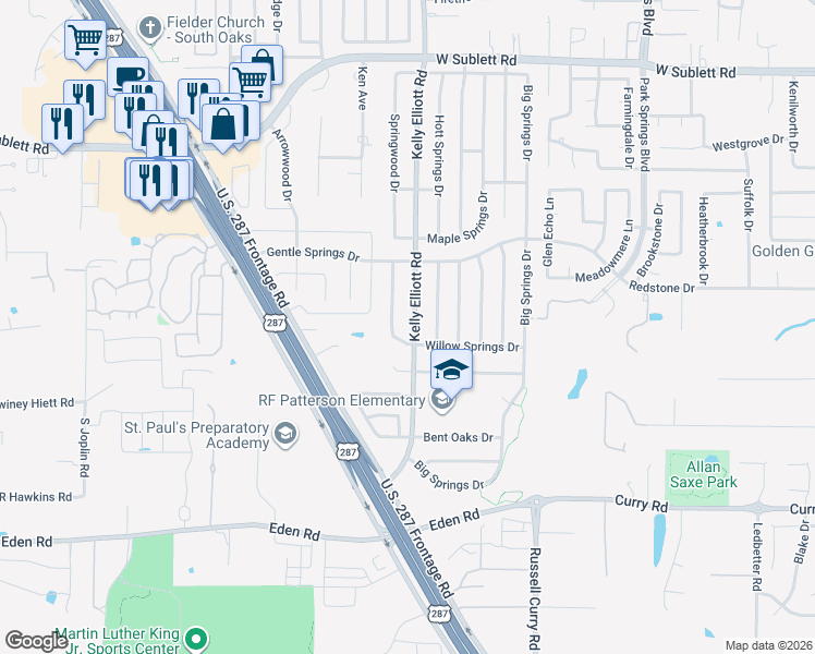 map of restaurants, bars, coffee shops, grocery stores, and more near 6418 Kelly Elliott Road in Arlington