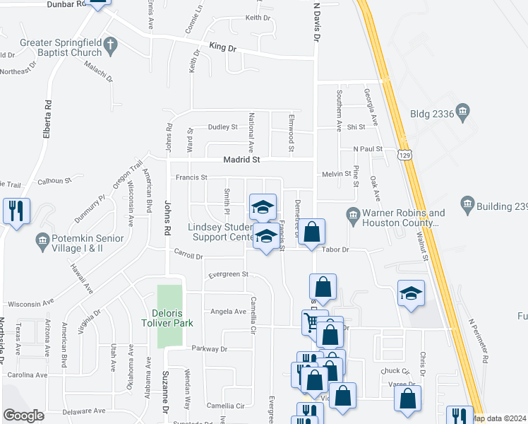 map of restaurants, bars, coffee shops, grocery stores, and more near 204 Cox Drive in Warner Robins