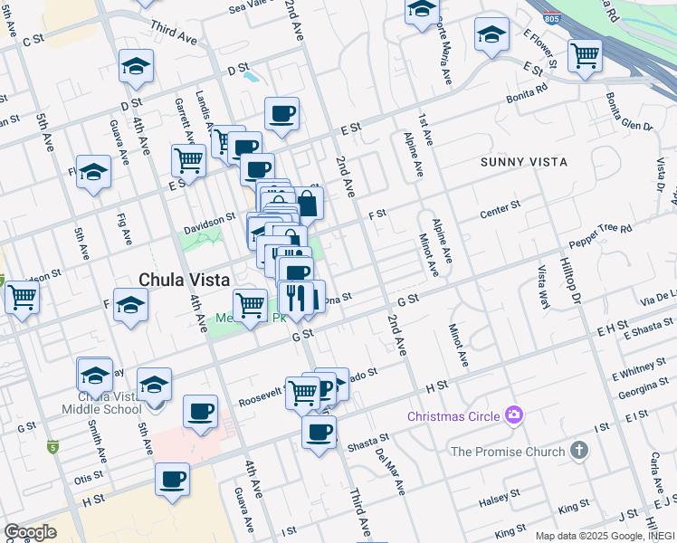 map of restaurants, bars, coffee shops, grocery stores, and more near 234 Cypress Street in Chula Vista