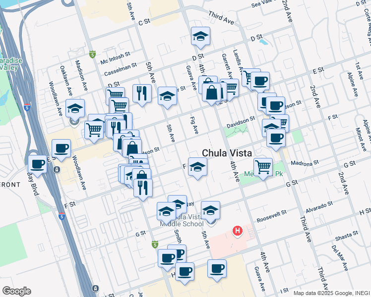 map of restaurants, bars, coffee shops, grocery stores, and more near 274 5th Avenue in Chula Vista