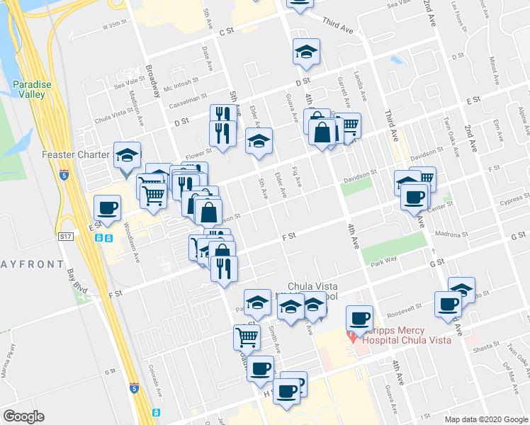 map of restaurants, bars, coffee shops, grocery stores, and more near 274 5th Avenue in Chula Vista