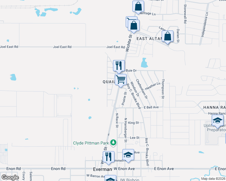 map of restaurants, bars, coffee shops, grocery stores, and more near 620 Wichita Street in Fort Worth
