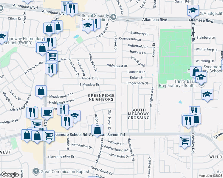 map of restaurants, bars, coffee shops, grocery stores, and more near 2705 Highlawn Terrace in Fort Worth