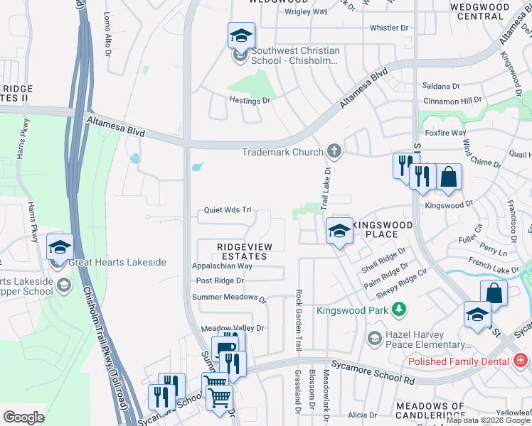 map of restaurants, bars, coffee shops, grocery stores, and more near 7108 Water Meadows Drive in Fort Worth