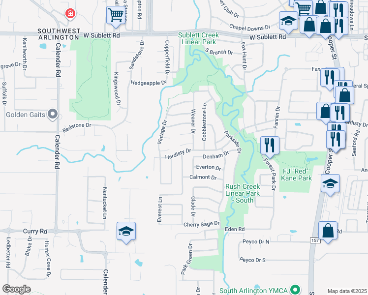 map of restaurants, bars, coffee shops, grocery stores, and more near 6500 Fannin Farm Way in Arlington