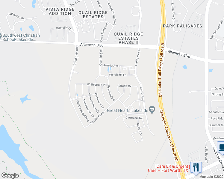 map of restaurants, bars, coffee shops, grocery stores, and more near 7464 Prairieside Drive in Fort Worth