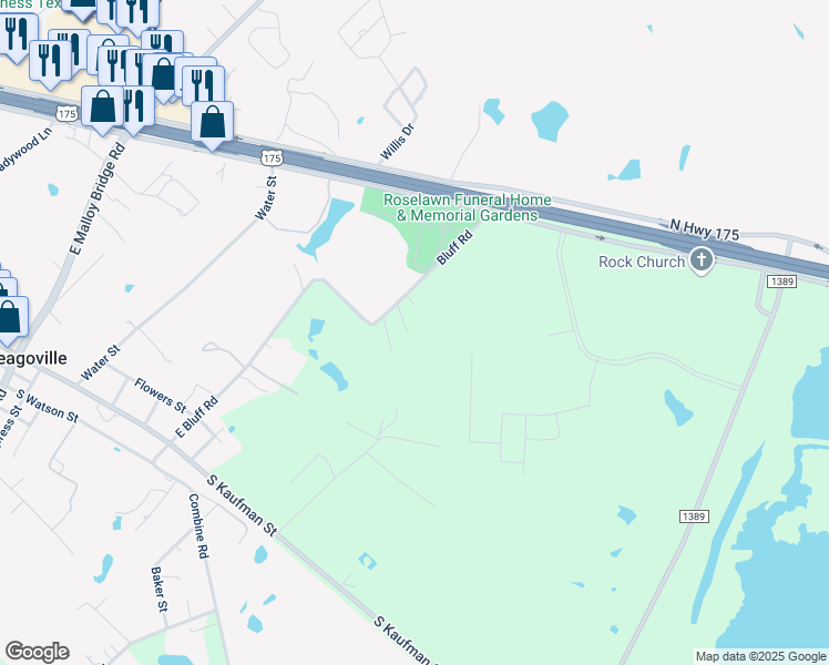 map of restaurants, bars, coffee shops, grocery stores, and more near 618 East Bluff Road in Seagoville