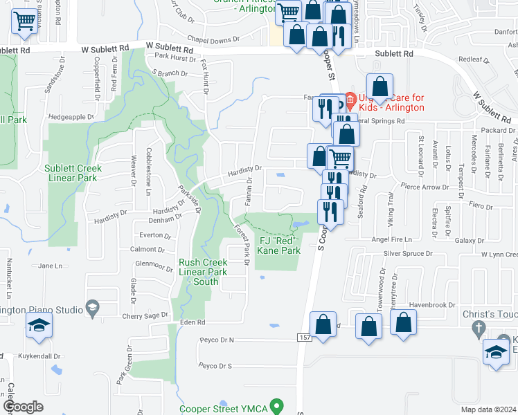 map of restaurants, bars, coffee shops, grocery stores, and more near 6422 Parkmont Drive in Arlington