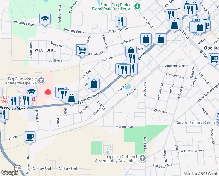 map of restaurants, bars, coffee shops, grocery stores, and more near 112 16th Street in Opelika