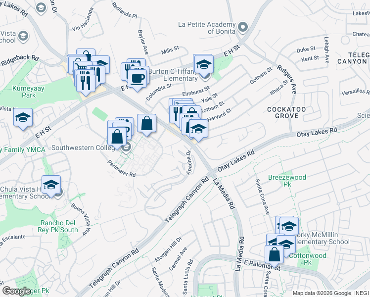 map of restaurants, bars, coffee shops, grocery stores, and more near 1579 Apache Drive in Chula Vista