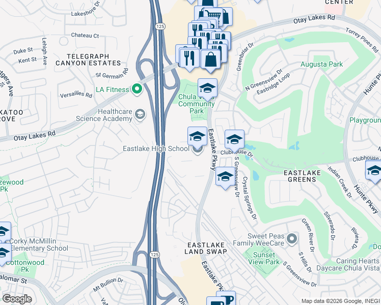 map of restaurants, bars, coffee shops, grocery stores, and more near 1120 Eastlake Parkway in Chula Vista