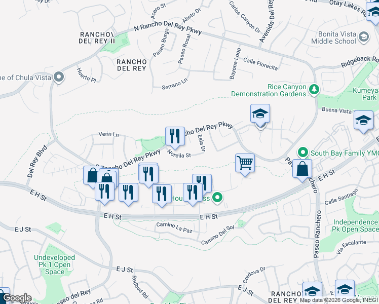 map of restaurants, bars, coffee shops, grocery stores, and more near 964 Norella Street in Chula Vista