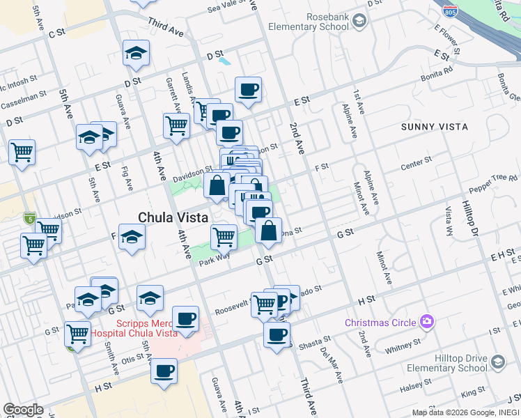 map of restaurants, bars, coffee shops, grocery stores, and more near 333 3rd Avenue in Chula Vista