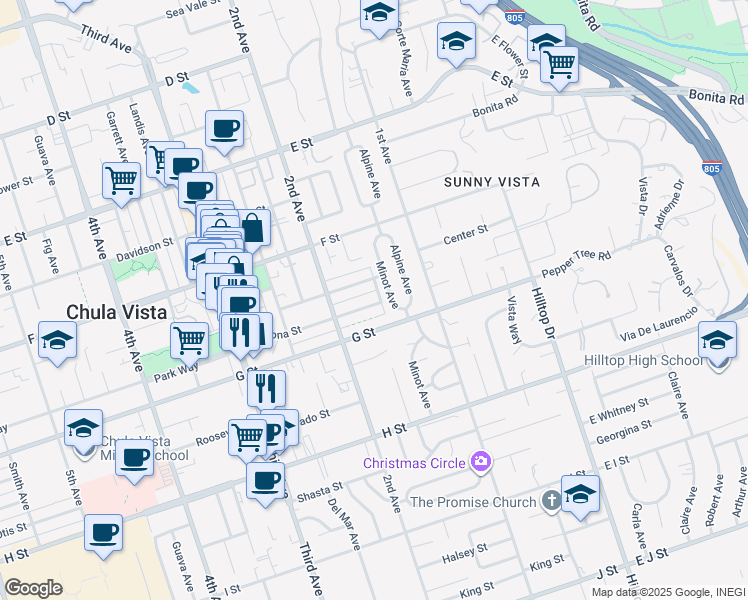map of restaurants, bars, coffee shops, grocery stores, and more near 170 Madrona Street in Chula Vista