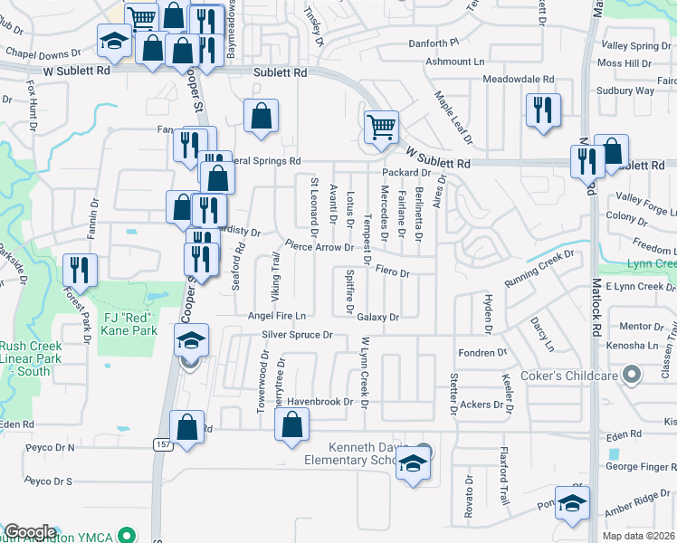 map of restaurants, bars, coffee shops, grocery stores, and more near 6503 Electra Drive in Arlington