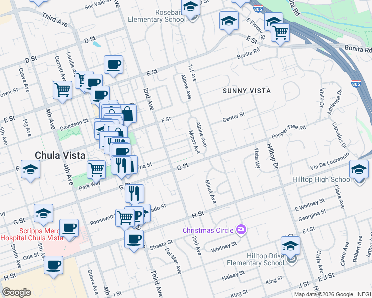map of restaurants, bars, coffee shops, grocery stores, and more near 170 Madrona Street in Chula Vista