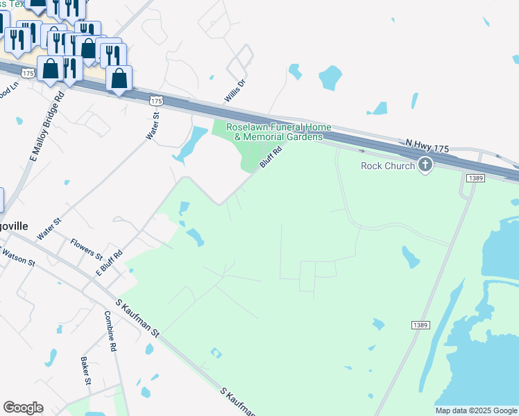 map of restaurants, bars, coffee shops, grocery stores, and more near 618 East Bluff Road in Seagoville