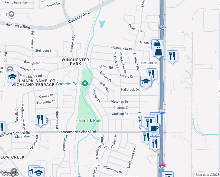 map of restaurants, bars, coffee shops, grocery stores, and more near 7301 Heirloom Drive in Fort Worth