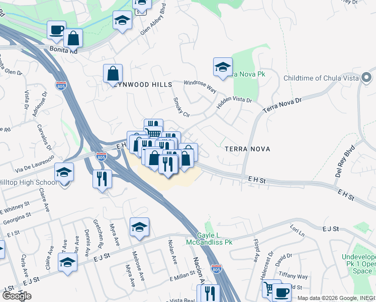 map of restaurants, bars, coffee shops, grocery stores, and more near 429 Sanibelle Circle in Chula Vista
