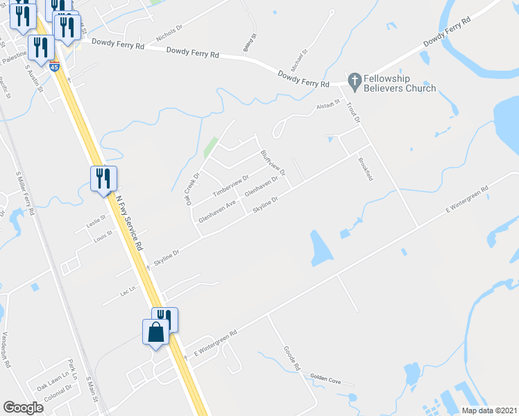 map of restaurants, bars, coffee shops, grocery stores, and more near 1132 Skyline Drive in Hutchins