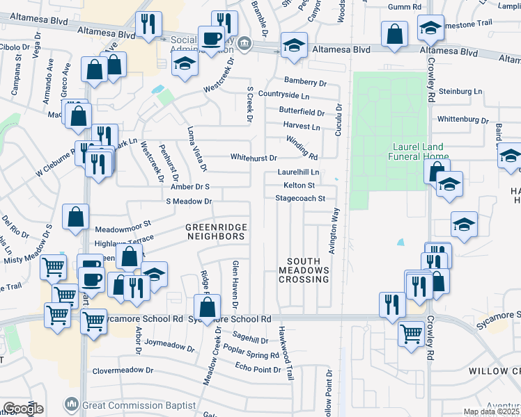 map of restaurants, bars, coffee shops, grocery stores, and more near 7012 Laurelhill Court North in Fort Worth