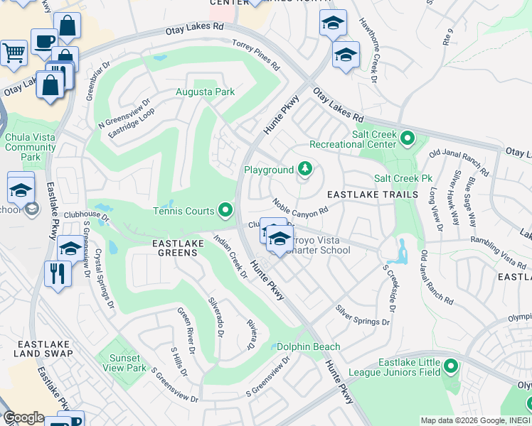 map of restaurants, bars, coffee shops, grocery stores, and more near 2562 Walking Stick Court in Chula Vista