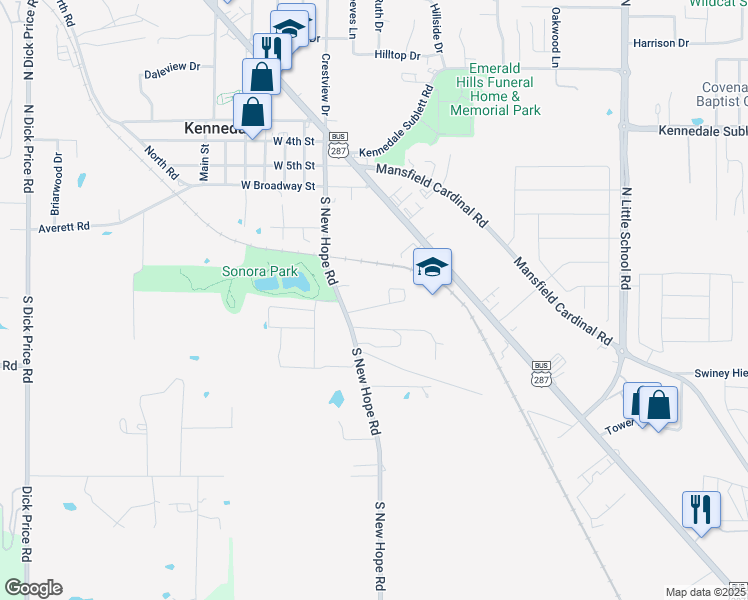map of restaurants, bars, coffee shops, grocery stores, and more near 106 Pine Meadow Drive in Kennedale