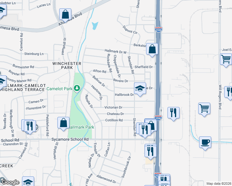 map of restaurants, bars, coffee shops, grocery stores, and more near 237 Hallbrook Drive in Fort Worth