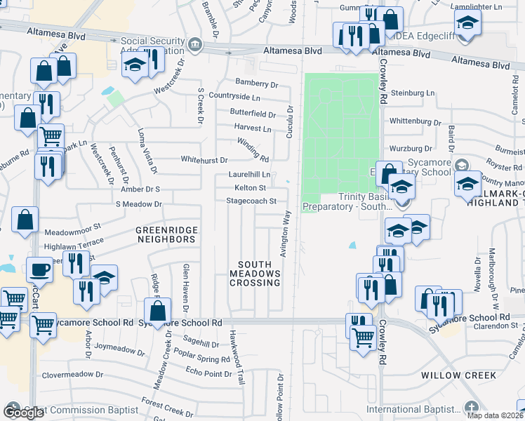 map of restaurants, bars, coffee shops, grocery stores, and more near 2332 Corral Drive in Fort Worth